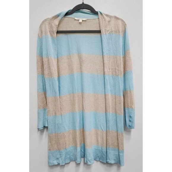 Cyrus Womens Lightweight Longline Cardigan Small Tan Blue Striped Open Front - Picture 1 of 6